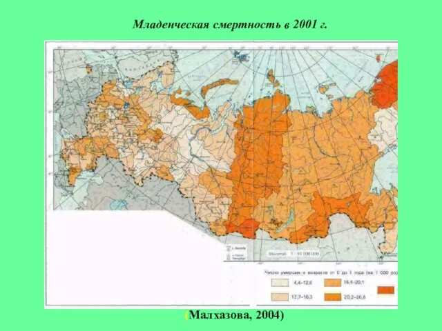 Младенческая смертность в 2001 г. (Малхазова, 2004)