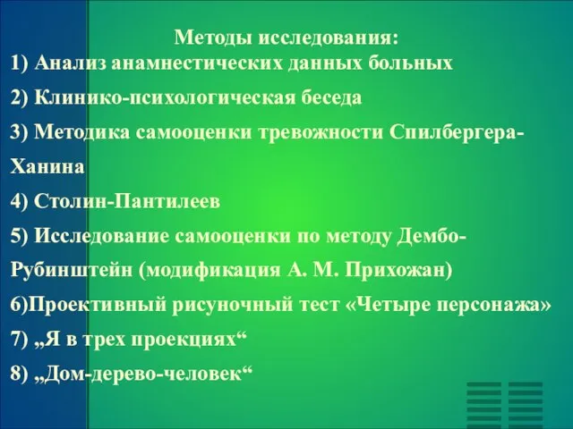 Методы исследования: 1) Анализ анамнестических данных больных 2) Клинико-психологическая беседа 3) Методика