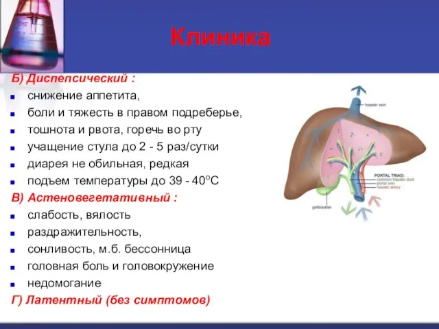 Клиника Б) Диспепсический : снижение аппетита, боли и тяжесть в правом подреберье,