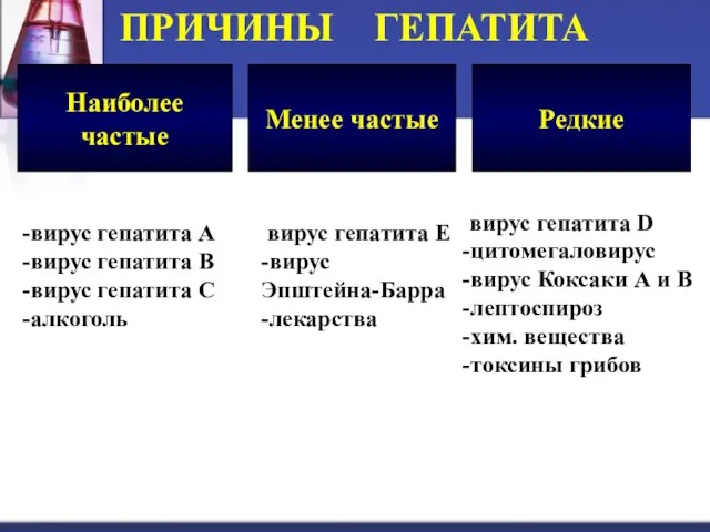 ПРИЧИНЫ ГЕПАТИТА Наиболее частые Менее частые Редкие вирус гепатита А вирус гепатита