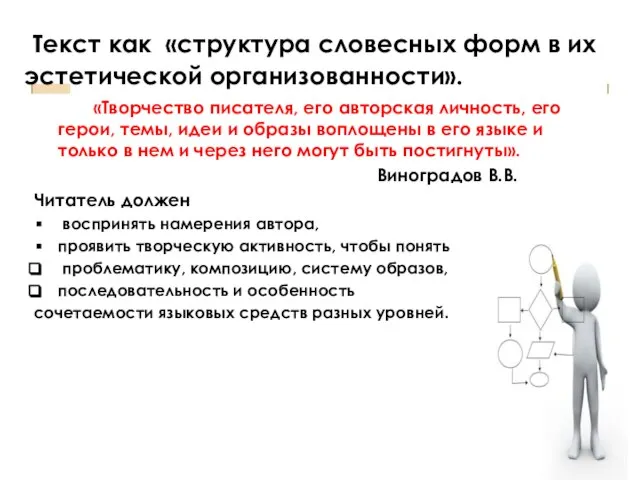 Текст как «структура словесных форм в их эстетической организованности». «Творчество писателя, его