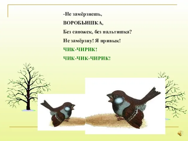 -Не замёрзнешь, ВОРОБЬИШКА, Без сапожек, без пальтишка? Не замёрзну! Я привык! ЧИК-ЧИРИК! ЧИК-ЧИК-ЧИРИК!