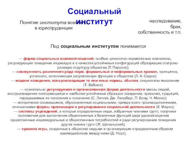 Социальный институт Понятие института возникло в юриспруденции наследование, брак, собственность и т.п.