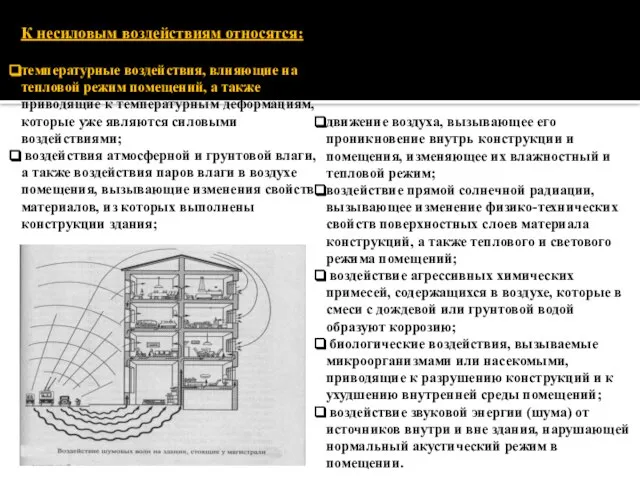 К несиловым воздействиям относятся: температурные воздействия, влияющие на тепловой режим помещений, а