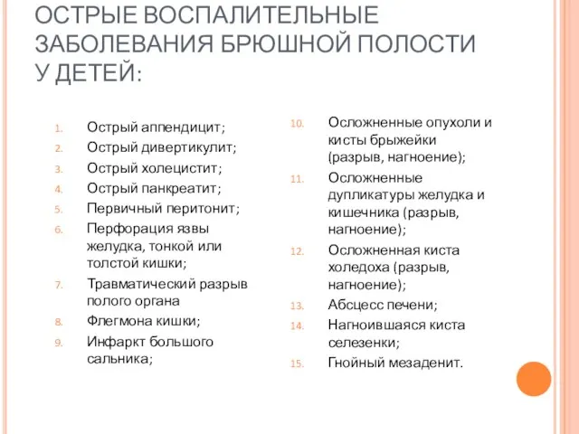 ОСТРЫЕ ВОСПАЛИТЕЛЬНЫЕ ЗАБОЛЕВАНИЯ БРЮШНОЙ ПОЛОСТИ У ДЕТЕЙ: Острый аппендицит; Острый дивертикулит; Острый