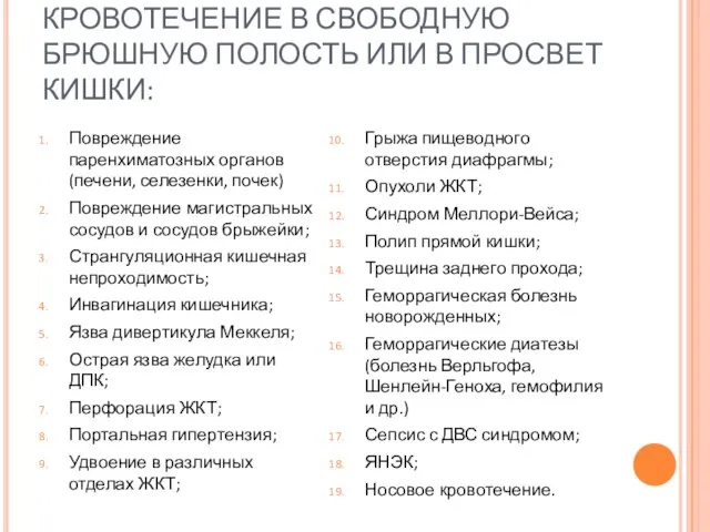 КРОВОТЕЧЕНИЕ В СВОБОДНУЮ БРЮШНУЮ ПОЛОСТЬ ИЛИ В ПРОСВЕТ КИШКИ: Повреждение паренхиматозных органов