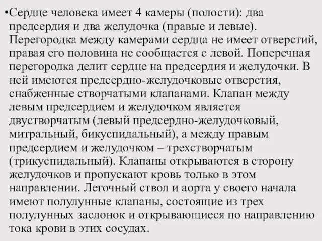 Сердце человека имеет 4 камеры (полости): два предсердия и два желудочка (правые