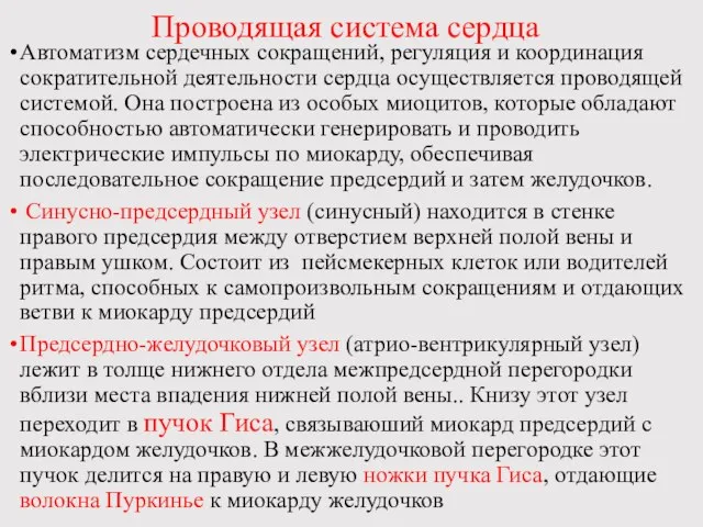 Проводящая система сердца Автоматизм сердечных сокращений, регуляция и координация сократительной деятельности сердца