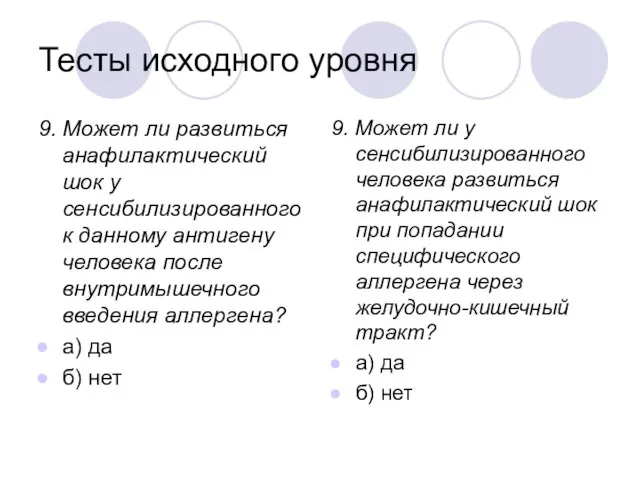 Тесты исходного уровня 9. Может ли развиться анафилактический шок у сенсибилизированного к