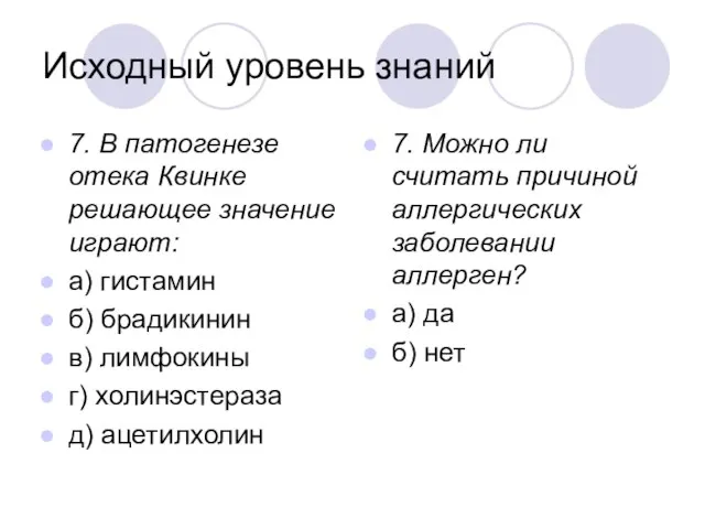 Исходный уровень знаний 7. В патогенезе отека Квинке решающее значение играют: а)