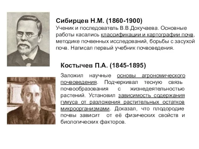 Сибирцев Н.М. (1860-1900) Ученик и последователь В.В.Докучаева. Основные работы касались классификации и