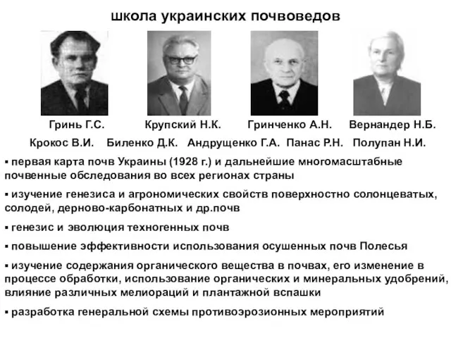 школа украинских почвоведов Гринь Г.С. Крупский Н.К. Гринченко А.Н. Вернандер Н.Б. Крокос