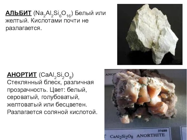 АЛЬБИТ (Na2Al2Si6O16) Белый или желтый. Кислотами почти не разлагается. АНОРТИТ (CaAl2Si2O8) Стеклянный