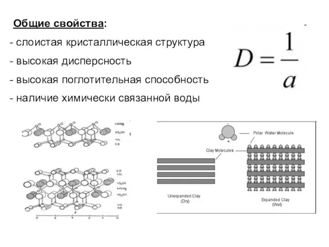 Общие свойства: слоистая кристаллическая структура высокая дисперсность высокая поглотительная способность наличие химически связанной воды