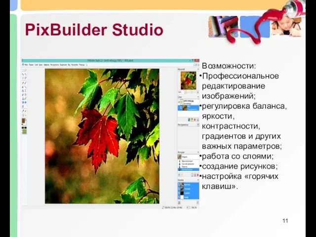 PixBuilder Studio Возможности: Профессиональное редактирование изображений; регулировка баланса, яркости, контрастности, градиентов и