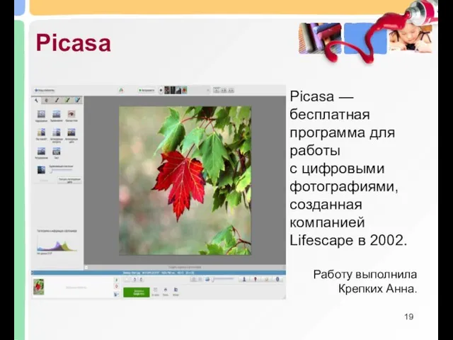 Picasa Picasa — бесплатная программа для работы с цифровыми фотографиями, созданная компанией