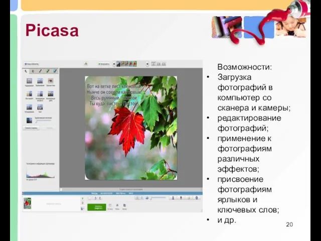 Picasa Возможности: Загрузка фотографий в компьютер со сканера и камеры; редактирование фотографий;