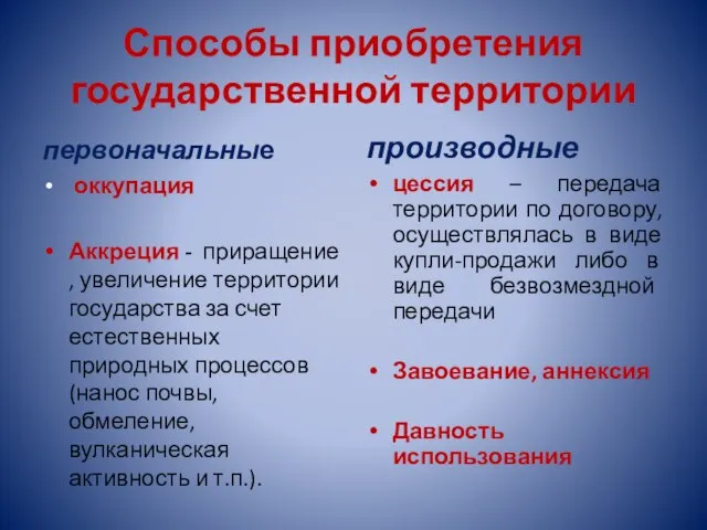 Способы приобретения государственной территории первоначальные оккупация Аккреция - приращение , увеличение территории