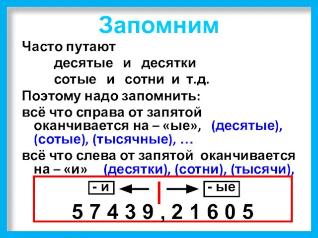 Запомним Часто путают десятые и десятки сотые и сотни и т.д. Поэтому