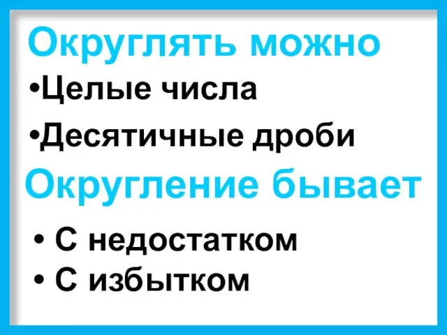 Округлять можно Целые числа Десятичные дроби Округление бывает С недостатком С избытком