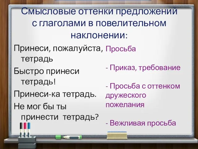 Смысловые оттенки предложений с глаголами в повелительном наклонении: Принеси, пожалуйста, тетрадь Быстро