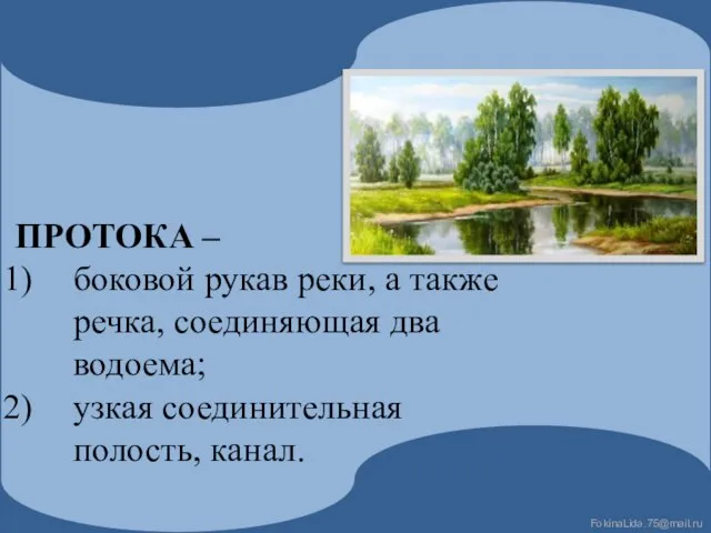 ПРОТОКА – боковой рукав реки, а также речка, соединяющая два водоема; узкая соединительная полость, канал.