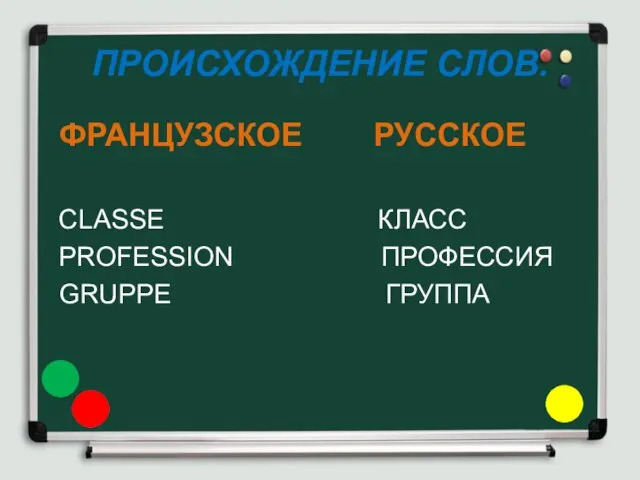 ПРОИСХОЖДЕНИЕ СЛОВ. ФРАНЦУЗСКОЕ РУССКОЕ CLASSE КЛАСС PROFESSION ПРОФЕССИЯ GRUPPE ГРУППА