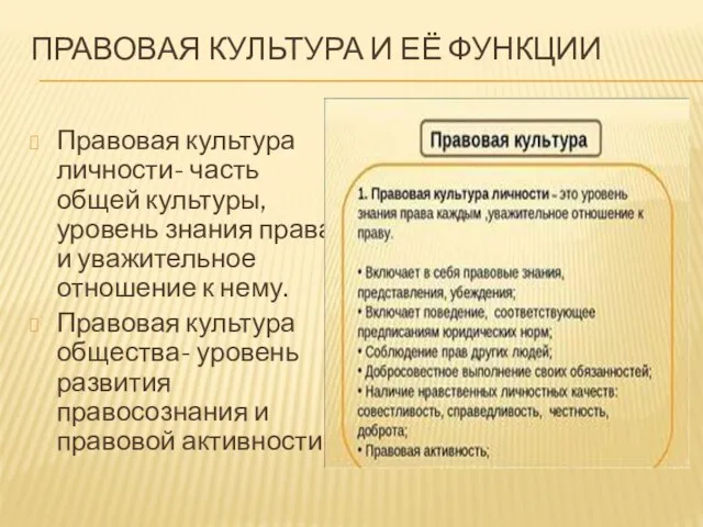 Правовая культура и её функции Правовая культура личности- часть общей культуры, уровень