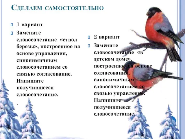 Сделаем самостоятельно 1 вариант Замените словосочетание «ствол березы», построенное на основе управления,