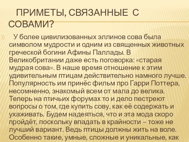 Приметы, связанные с совами? У более цивилизованных эллинов сова была символом мудрости