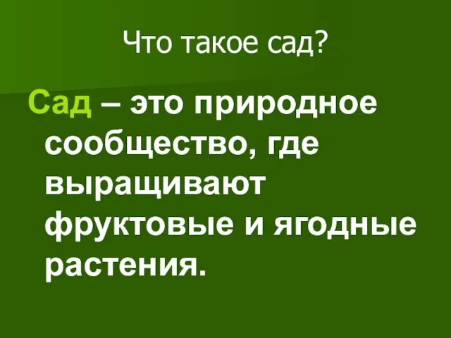 Что такое сад? Сад – это природное сообщество, где выращивают фруктовые и ягодные растения.