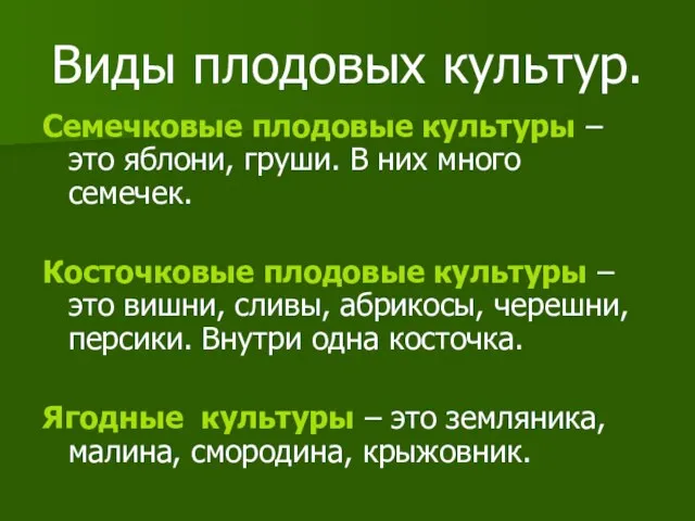 Виды плодовых культур. Семечковые плодовые культуры – это яблони, груши. В них