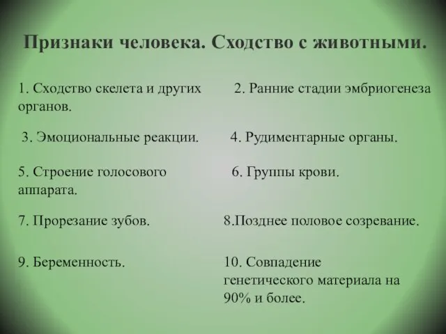 Признаки человека. Сходство с животными. 1. Сходство скелета и других органов. 2.