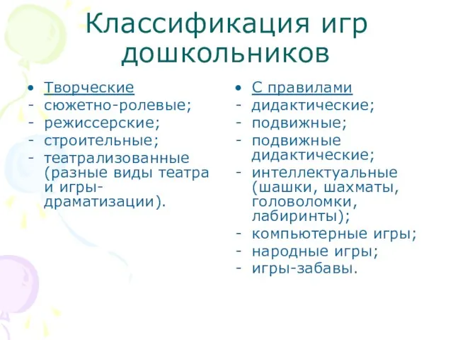 Классификация игр дошкольников Творческие сюжетно-ролевые; режиссерские; строительные; театрализованные (разные виды театра и