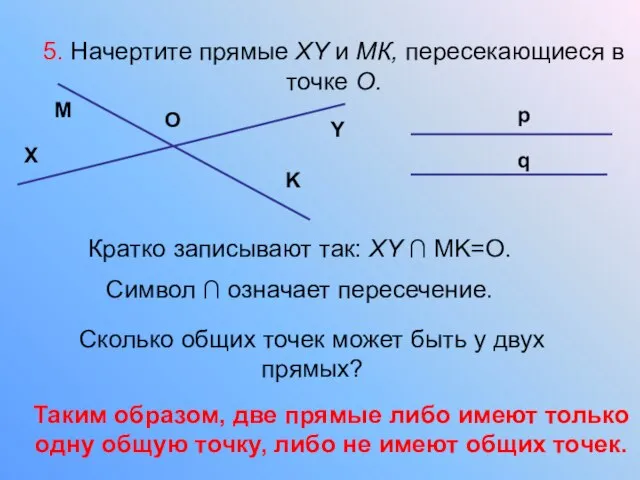 5. Начертите прямые XY и МК, пересекающиеся в точке О. X Y