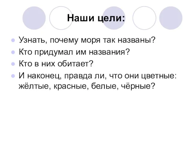 Наши цели: Узнать, почему моря так названы? Кто придумал им названия? Кто