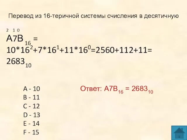 Ответ: А7В16 = 268310 2 1 0 А7В 16 = 10*162+7*161+11*160=2560+112+11= 268310