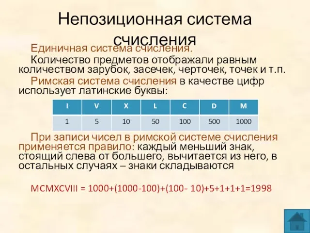 Непозиционная система счисления Единичная система счисления. Количество предметов отображали равным количеством зарубок,