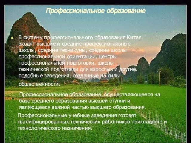 Профессиональное образование В систему профессионального образования Китая входят высшие и средние профессиональные