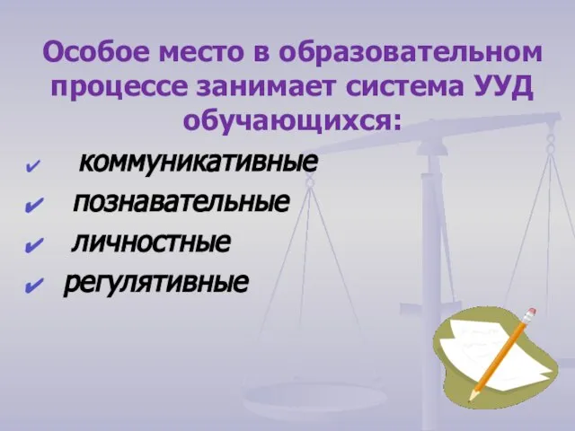 Особое место в образовательном процессе занимает система УУД обучающихся: коммуникативные познавательные личностные регулятивные