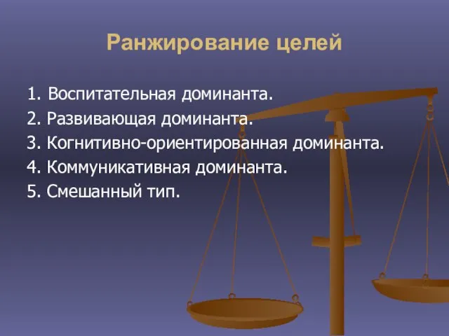 Ранжирование целей 1. Воспитательная доминанта. 2. Развивающая доминанта. 3. Когнитивно-ориентированная доминанта. 4.