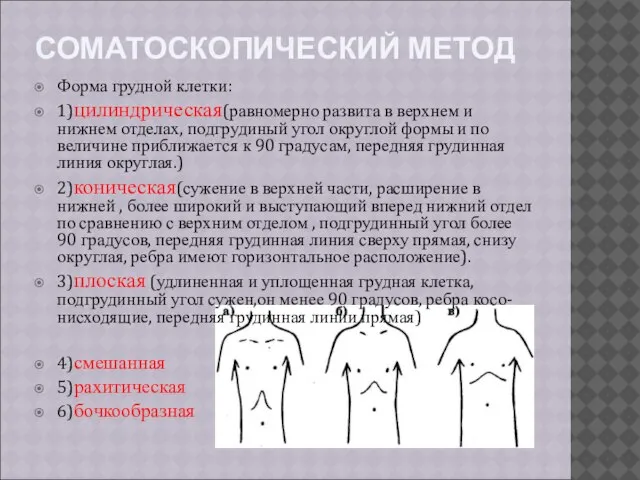 СОМАТОСКОПИЧЕСКИЙ МЕТОД Форма грудной клетки: 1)цилиндрическая(равномерно развита в верхнем и нижнем отделах,