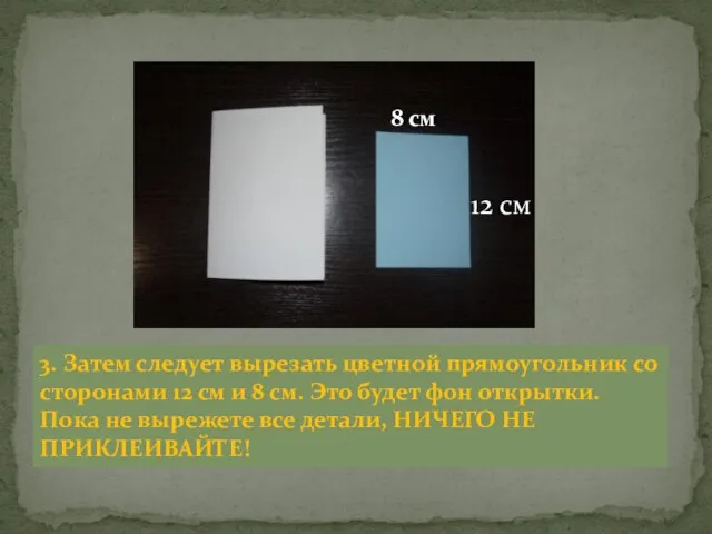 3. Затем следует вырезать цветной прямоугольник со сторонами 12 см и 8