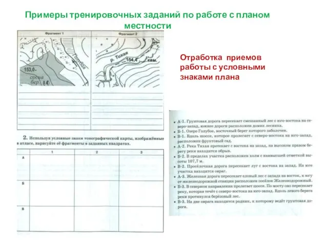 Примеры тренировочных заданий по работе с планом местности Отработка приемов работы с условными знаками плана