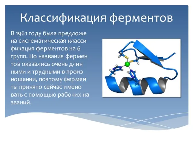 Классификация ферментов В 1961 году была пред­ло­же­на си­сте­ма­ти­че­ская клас­си­фи­ка­ция фер­мен­тов на 6