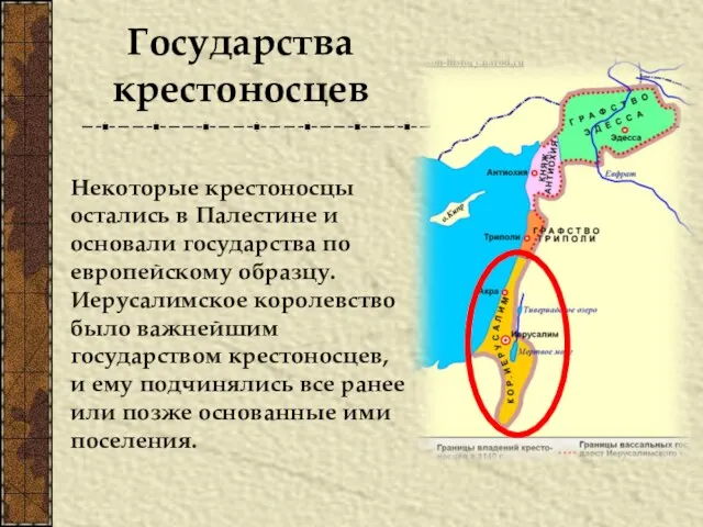 Некоторые крестоносцы остались в Палестине и основали государства по европейскому образцу. Иерусалимское