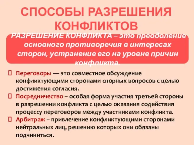 СПОСОБЫ РАЗРЕШЕНИЯ КОНФЛИКТОВ Переговоры — это совместное обсуждение конфликтующими сторонами спорных вопросов