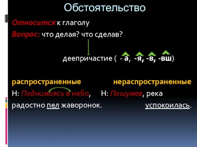 Обстоятельство Относится к глаголу Вопрос: что делая? что сделав? деепричастие ( -