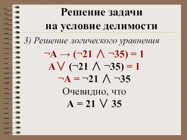 3) Решение логического уравнения Решение задачи на условие делимости ¬А → (¬21