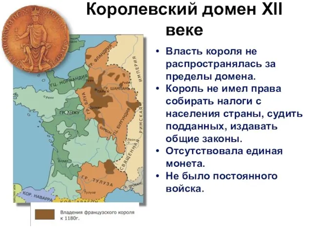 Королевский домен XlI веке Власть короля не распространялась за пределы домена. Король